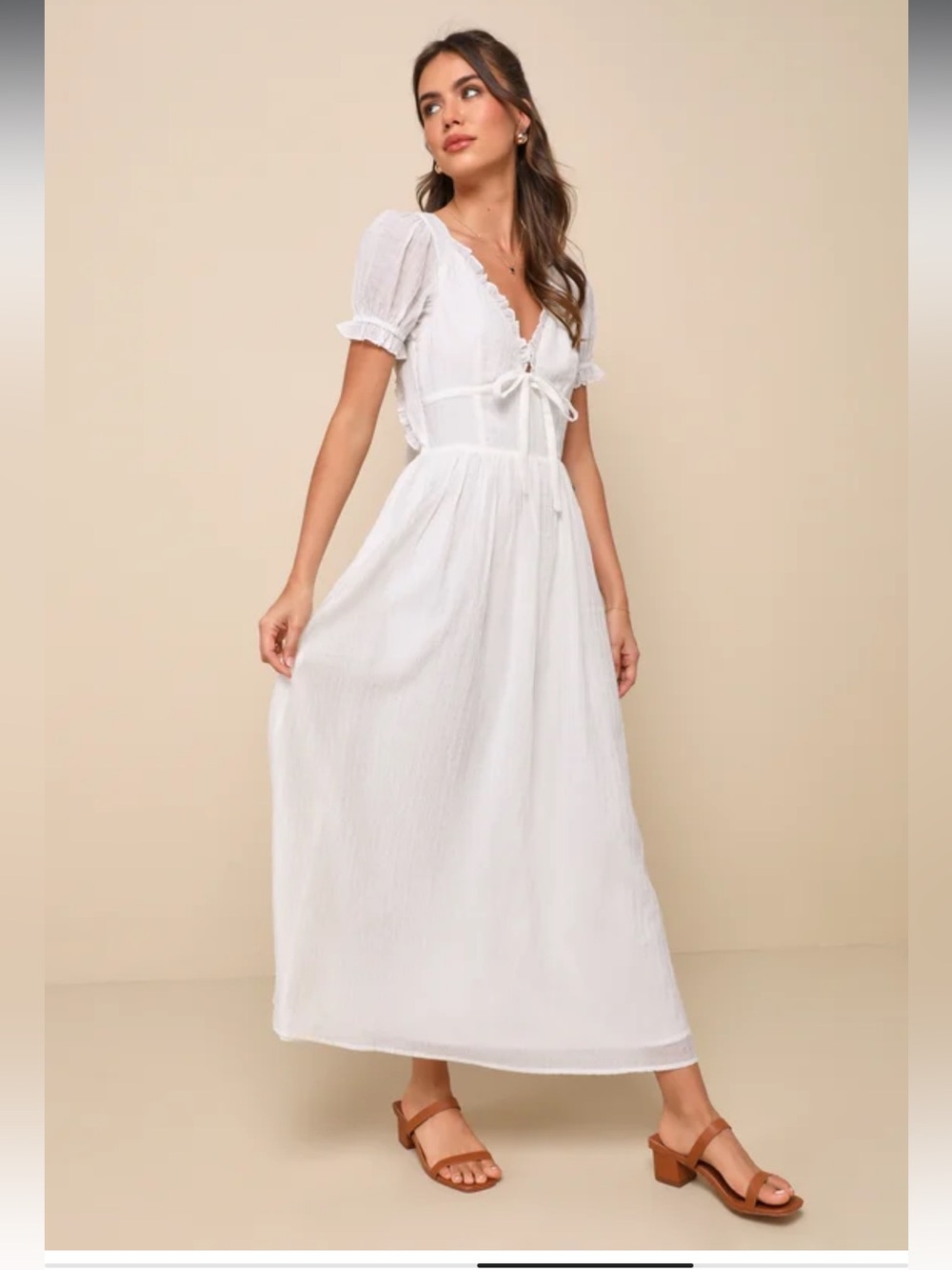 Lulus Angelic Expression Ivory Ruffled Puff Sleeve Backless Midi Dress